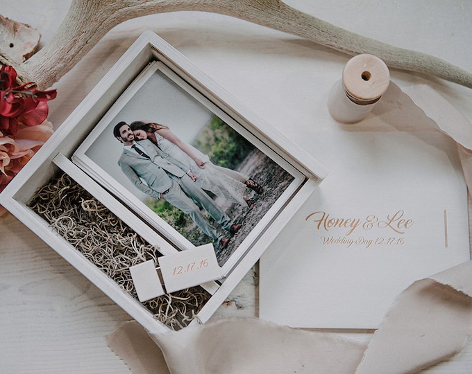 Set of 20 - (option to add 16gb USB) - 4x6x3.25 Wood print box space for 4x6 photos and usb drive - (save 4 dollars per box)