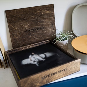 Custom - Vinyl Record wood box - 13 x 13.25 x 6 - Laser engraving on "spine and front"