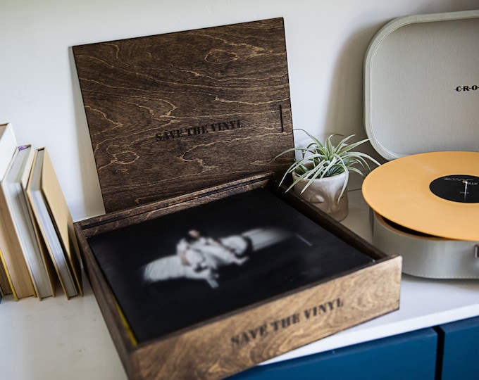 Custom - Vinyl Record wood box - 13 x 13.25 x 6 - Laser engraving on "spine and front"