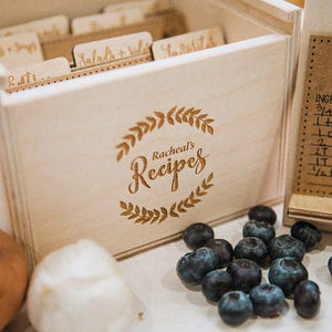 5x7 Laser Engraved Wood Recipe Box with recipe stand also includes engraved wood recipe card dividers image 1