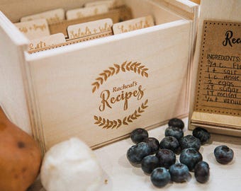 5x7 Laser Engraved Wood Recipe Box with recipe stand also includes engraved wood recipe card dividers