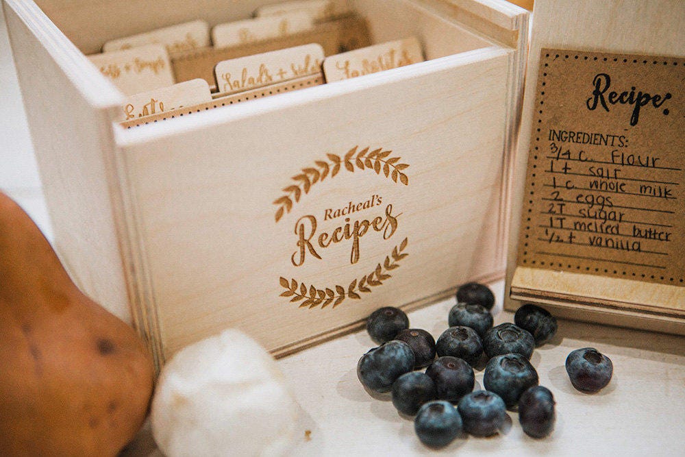 5x7 Laser Engraved Wood Recipe Box with recipe stand also includes engraved  wood recipe card dividers