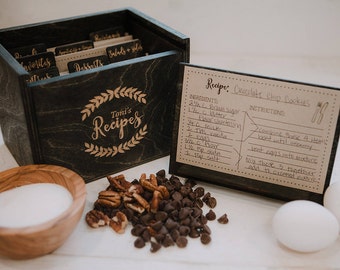 4x6 Laser Engraved Wood Recipe Box with recipe stand also includes engraved wood recipe card dividers