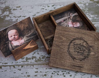 5x7 Photo Box (option to add 16gb USB) Wood print box with photo stand and enough space for 5x7 prints and usb drive
