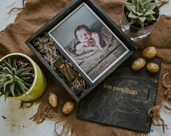 5x7 photo box - (option to add 32gb USB) Wood print box for 5x7 photos and usb drive - (spanish moss included)