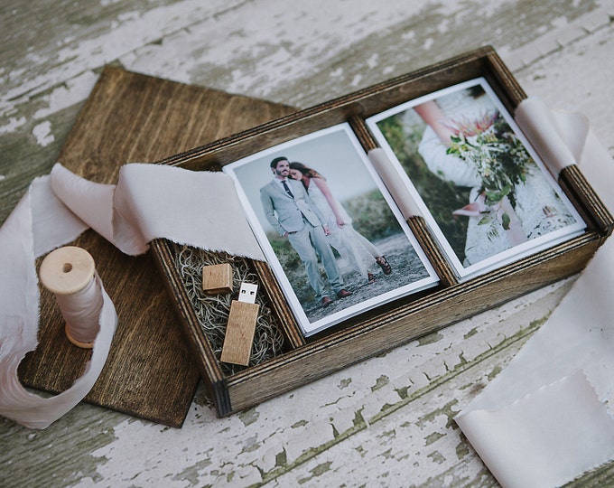 Double 4x6x1.5 - (option to add 16gb USB) Wood print box with and area for 4x6 photos and usb drive - (spanish moss included)