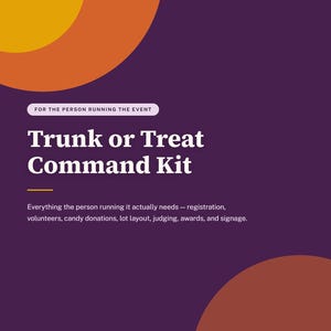 Op de afbeelding: Een digitaal document getiteld Trunk or Treat Command Kit van Digiprints by Nana. De paarse achtergrond bevat oranje en gele cirkels, met tekst over 31 pagina's, US letter-formaat en een print-at-home PDF-bestand voor organisatoren.