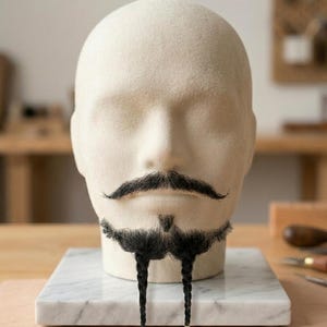 May include: A beige felt mannequin head featuring a dark black handlebar mustache and a chin beard styled into two long, thin braids. The braids are adorned with small, colorful beads at the ends, one green and one red, resting on a white marble base.