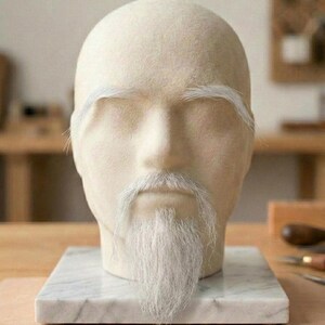 Peut inclure: Une tête de mannequin en laine feutrée beige avec un sommet chauve, des sourcils en fibres blanches, une moustache en fibres blanches et un bouc en fibres blanches. La tête est montée sur une base carrée en marbre blanc aux veines grises.