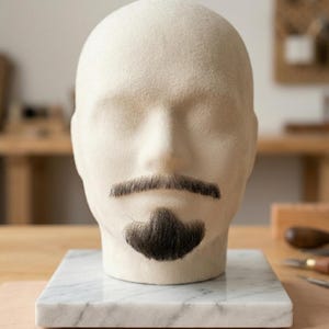 Peut inclure: Une tête de mannequin en feutre beige arborant une moustache brun foncé et un bouc assorti de la même couleur. La tête est fixée sur un socle carré en marbre blanc veiné de gris, offrant une base stable pour présenter ces postiches faciaux.