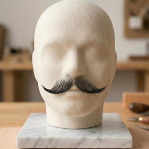 May include: A beige, felt-textured mannequin head featuring a prominent, dark black, handlebar-style mustache. The head is mounted on a square, white marble base with grey veining, providing a stable foundation for the display of the facial hair piece.