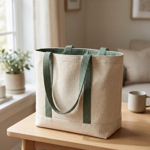 May include: A structured canvas tote bag in an off-white cream color featuring two sturdy olive green fabric handles that extend down the front and back panels. The interior lining of the bag is visible and is also a solid olive green color.
