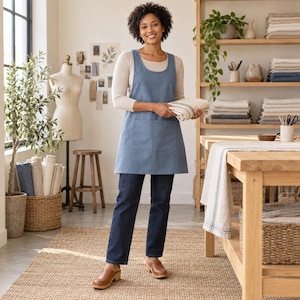May include: A blue cross-back apron with two front pockets, worn over a long-sleeved beige shirt and dark blue jeans. The apron features a simple, functional design with wide shoulder straps and a rounded neckline, providing full front coverage.