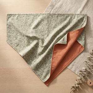 Könnte beinhalten: Ein dreieckiges Haustierhalstuch mit salbeigrünem Stoff und kleinem weißem Blumenmuster auf der einen Seite sowie einem kontrastierenden rostorangen Stoff mit winzigem weißem Punktemuster auf der Rückseite, wobei beide Seiten des Stoffes sichtbar sind.