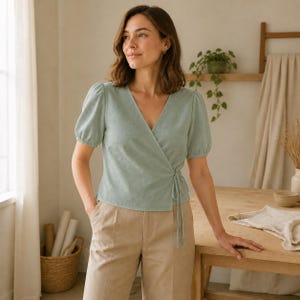Emi Top Sewing Pattern, Women's Wrap Blouse PDF, Tie Waist V Neck Top, Puff Sleeve Shirt, xs-xxxl, A0 A4 US Letter