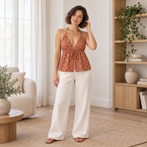 Avelora Deep-V Tie-Front Halter Peplum Top Sewing Pattern | Open Back, XS-XXXL | A0 and A4 Printable PDFs