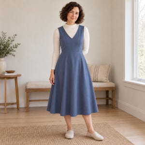 V-Neck Pinafore Dress Sewing Pattern | Elspeth Princess Seams, Fitted Waist & Flared Midi Skirt, A4 US Letter A0 PDF