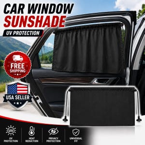May include: A black car window sunshade featuring a rectangular fabric panel with integrated drawstrings and toggles. The shade is shown installed on a vehicle door window and as a separate unit, with text overlays reading CAR WINDOW SUNSHADE.