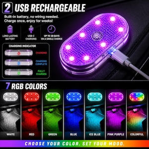 May include: An oval-shaped USB rechargeable LED light with a textured surface, emitting a purple glow. The device features a central sensor, a USB-C charging port, and indicator lights for charging status. It offers seven RGB color modes.