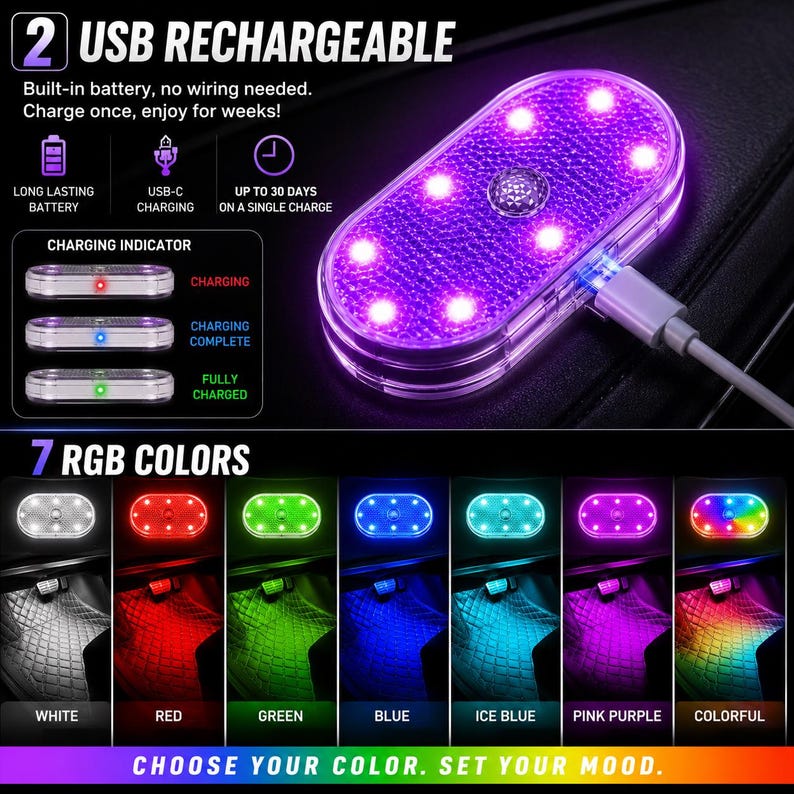 May include: An oval-shaped USB rechargeable LED light with a textured surface, emitting a purple glow. The device features a central sensor, a USB-C charging port, and indicator lights for charging status. It offers seven RGB color modes.