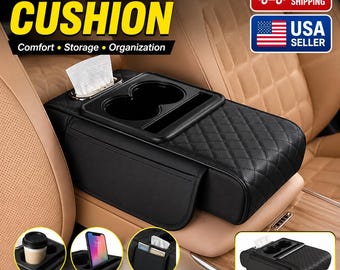 Quilted PU Leather Car Armrest Cushion, 2 Cup Holders, Phone Holder, Storage Organizer