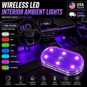 May include: Wireless LED interior ambient lights for vehicles featuring a textured oval light unit emitting purple light. The display shows seven color options including white, red, green, blue, ice blue, pink purple, and colorful, with icons for USB charging, magnetic design, touch control, and durability.