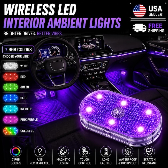 Wireless LED Car Interior Lights USB Rechargeable Touch Activated Magnetic Ambient Lights for Dashboard Console Trunk Universal
