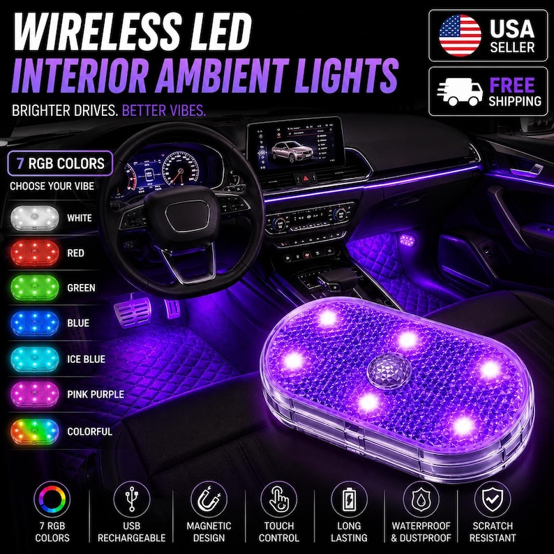 May include: Wireless LED interior ambient lights for vehicles featuring a textured oval light unit emitting purple light. The display shows seven color options including white, red, green, blue, ice blue, pink purple, and colorful, with icons for USB charging, magnetic design, touch control, and durability.
