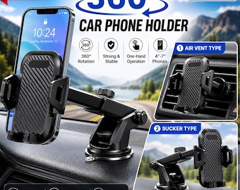 Universal Car Phone Holder Windshield Suction Cup & Air Vent Mount 360 Rotatable Dashboard Cell Phone Stand for iPhone Android