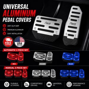 May include: Universal aluminum pedal covers featuring a silver finish with black anti-slip rubber inserts. The set includes rectangular and elongated pedal plates, each embossed with the text Sports Pedal. Available in red, silver, and blue.
