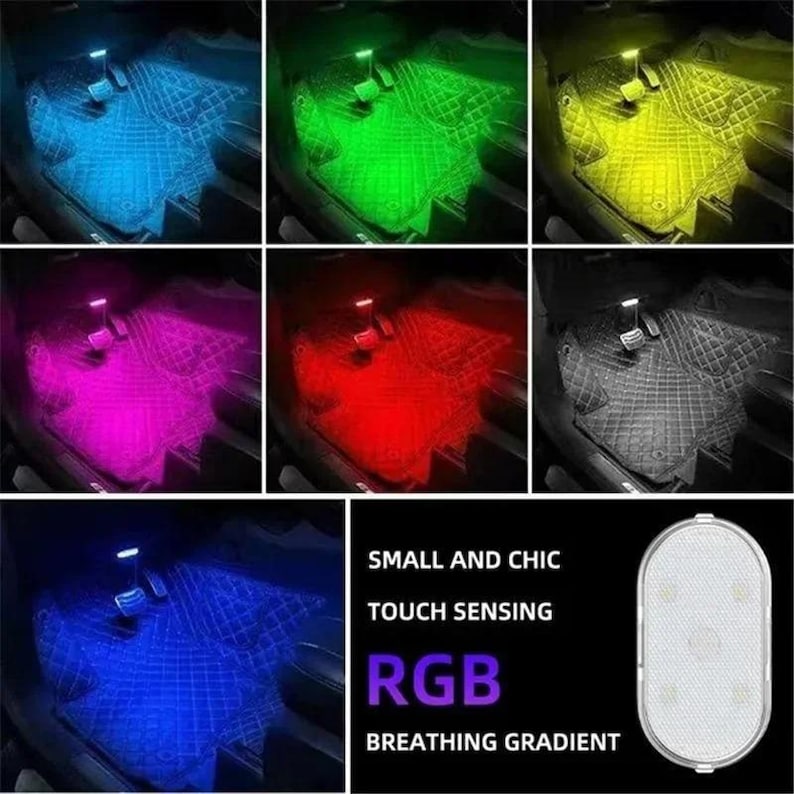 May include: An oval-shaped touch-sensing LED light for vehicle interiors, featuring RGB breathing gradient capabilities. The light is shown illuminating car floor mats in various colors including blue, green, yellow, pink, red, and white.