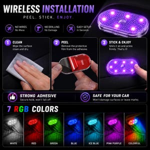 May include: An oval-shaped wireless LED light with a textured surface, featuring seven RGB color modes including white, red, green, blue, ice blue, and pink purple. The product includes a 3M adhesive backing for peel-and-stick installation.