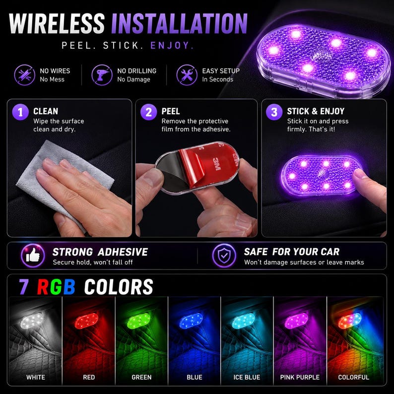 May include: An oval-shaped wireless LED light with a textured surface, featuring seven RGB color modes including white, red, green, blue, ice blue, and pink purple. The product includes a 3M adhesive backing for peel-and-stick installation.