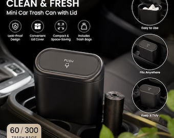 Mini Car Trash Can with Lid - Leakproof Push-Top Garbage Bin, Portable Vehicle Waste Basket for Console, Seat & Cup Holder