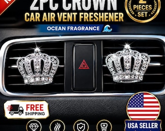 2PC Crown Car Air Vent Freshener Clips, Bling Rhinestone Crown Car Decor, Ocean Fragrance Vent Clips, Luxury Auto Interior Accessory