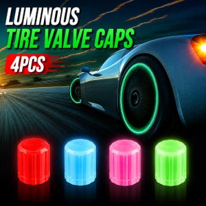 May include: Four cylindrical tire valve caps in red, blue, pink, and green. The image features the text LUMINOUS TIRE VALVE CAPS 4PCS and a car with glowing green wheel rims on a road at night, illustrating the product's glow-in-the-dark feature.