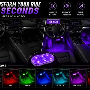 May include: An oval LED car interior light with multiple small bulbs. The image shows a before and after comparison of a vehicle cabin illuminated with purple light, and a color chart displaying seven options: white, red, green, blue, ice blue, pink purple, and colorful.