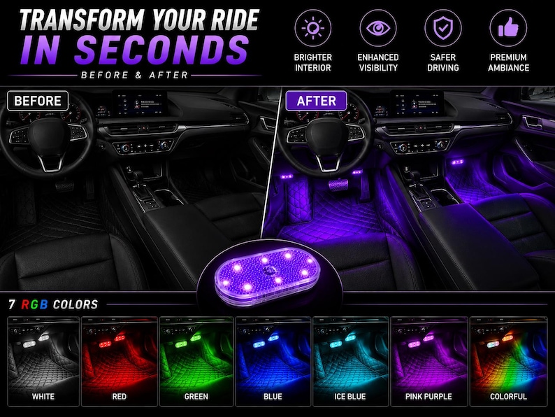 May include: An oval LED car interior light with multiple small bulbs. The image shows a before and after comparison of a vehicle cabin illuminated with purple light, and a color chart displaying seven options: white, red, green, blue, ice blue, pink purple, and colorful.
