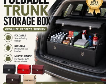 Foldable Car Trunk Organizer, Leather Car Storage Box, Foldable Auto Cargo Organizer, Waterproof SUV Trunk Storage Bin, Universal Accessory