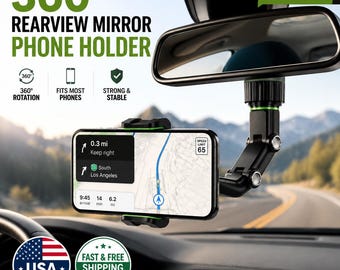360 Rear view Mirror Phone Holder | Universal Car Phone Mount | Adjustable Extendable Mirror Clip | GPS Stand | Fits iPhone & Android