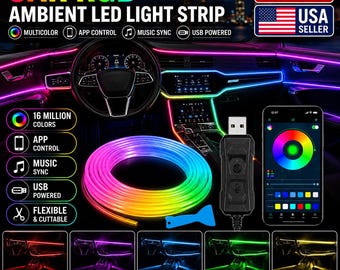 Car RGB Ambient LED Light Strip, USB App Control Interior Neon Lights, Flexible Fiber Optic Console Trim, Car Atmosphere Lighting