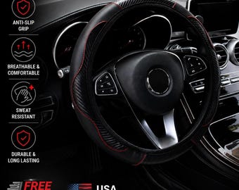 PU Carbon Fiber Steering Wheel Cover - Anti-Slip Breathable Leather Grip, Universal Fit 14.5-15.3in, Sweat-Resistant Car Accessory