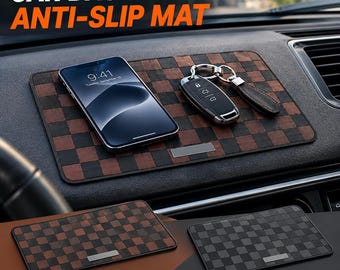 Non-Slip Car Dashboard Mat, Checkered Phone Holder Pad (Black/Brown)
