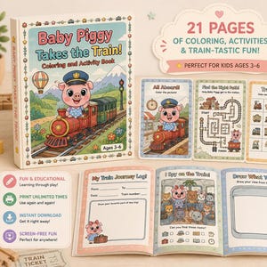 May include: A Baby Piggy Takes the Train coloring and activity book with 21 pages, featuring a pig character in a conductor hat on the cover. The set includes activity cards for train bingo, mazes, and matching games, plus an open activity book.