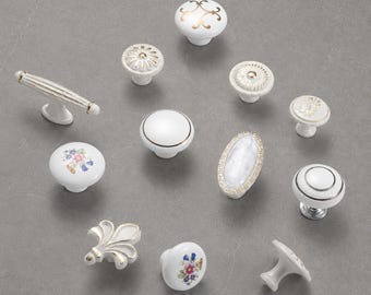 White Ceramic Cabinet Knobs, Single Hole Drawer Pulls, Gold Floral Wardrobe Hardware