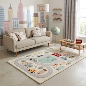 Kids Road Map Rug Hand Tufted Wool  Kids Playroom Rug Car Rug for Boys Room Nursery Rug City Street Rug Kids Bedroom Decor