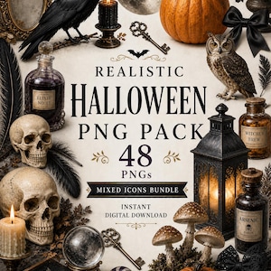 Peut inclure: Une collection numérique de graphismes sur le thème d'Halloween comprenant un corbeau noir, un hibou, des crânes, des citrouilles, des bougies, des flacons étiquetés Elixir No. 13, Witches Brew et Arsenic, une lanterne, des clés et un grimoire.