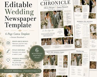 Sjabloon voor een trouwkrant, een bewerkbaar Canva-programma van 6 pagina's met foto's, een tijdlijn en spelletjes voor de gasten.