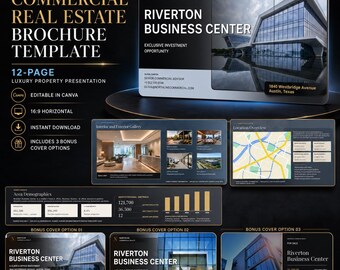 Brochuresjabloon voor commercieel vastgoed, luxe bewerkbaar aanbiedingsmemorandum in Canva, 12 pagina's tellende presentatie voor vastgoedmarketing