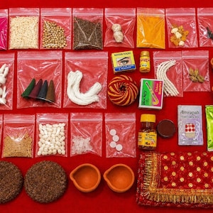 Puja Samagri Set, 30 Hindu Essentials for Home Temple and Festivals